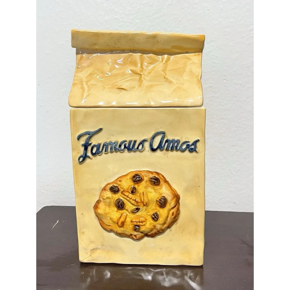 Famous Amos Hand Painted Collector Cookie Jar Chip Cookie Design.  Vintage